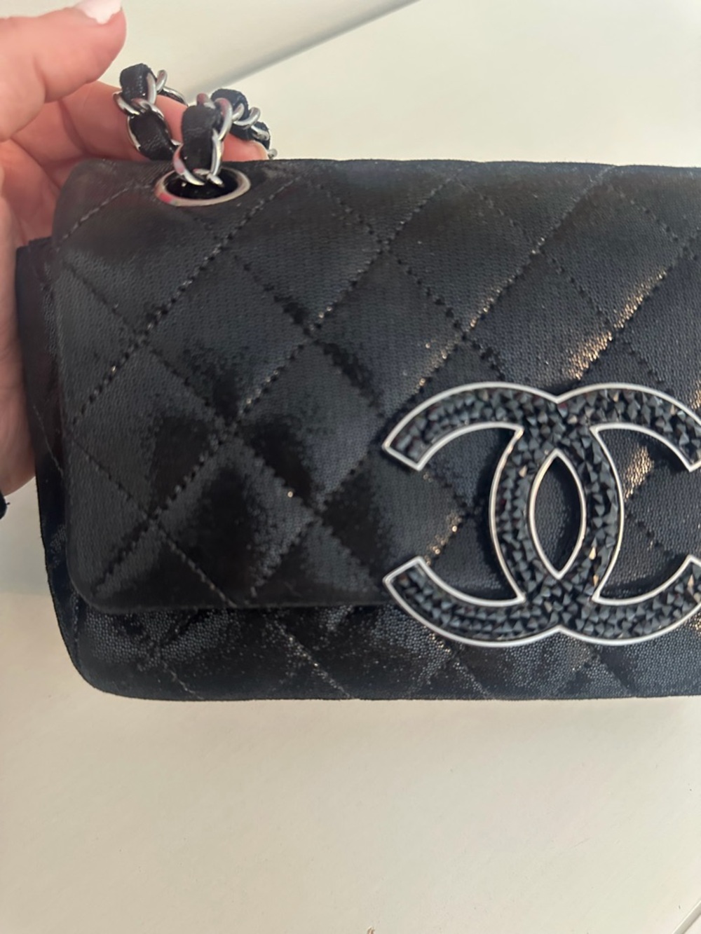 Chanel Quilted CC Crystal Black Leather Shoulder Bag with Chain Strap - Picture 11 of 16